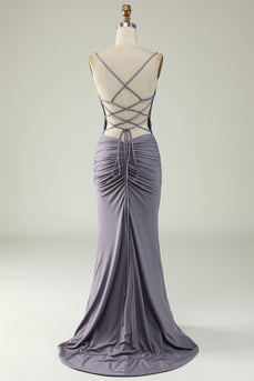 Mermaid Lace-Up Back Grey Purple Long Prom Dress