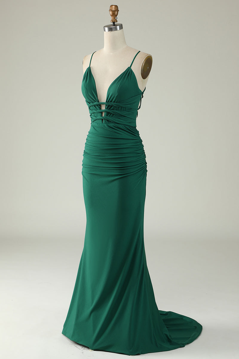 Load image into Gallery viewer, Mermaid Deep V-Neck Dark Green Long Prom Dress