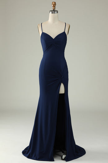 Mermaid Spaghetti Straps Navy Long Prom Dress with Slit