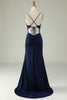 Load image into Gallery viewer, Mermaid Spaghetti Straps Navy Long Prom Dress with Slit