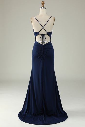 Mermaid Spaghetti Straps Navy Long Prom Dress with Slit