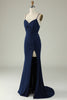 Load image into Gallery viewer, Mermaid Spaghetti Straps Navy Long Prom Dress with Slit