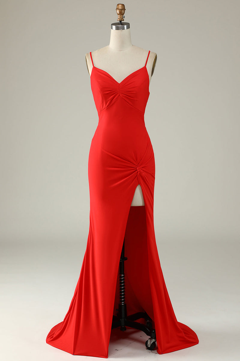 Load image into Gallery viewer, Mermaid Spaghetti Straps Red Long Prom Dress with Slit