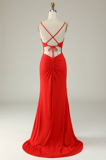 Mermaid Spaghetti Straps Red Long Prom Dress with Slit