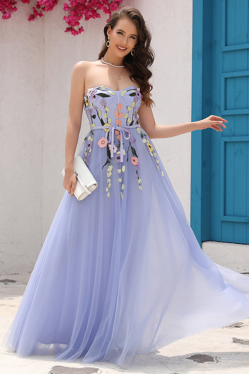 Load image into Gallery viewer, Lavender A Line Sweetheart Prom Dress with Appliques