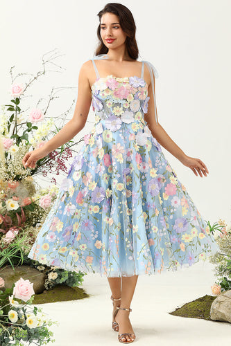 Cute A Line Spaghetti Straps Blue Tea Length Prom Dress with 3D Flowers