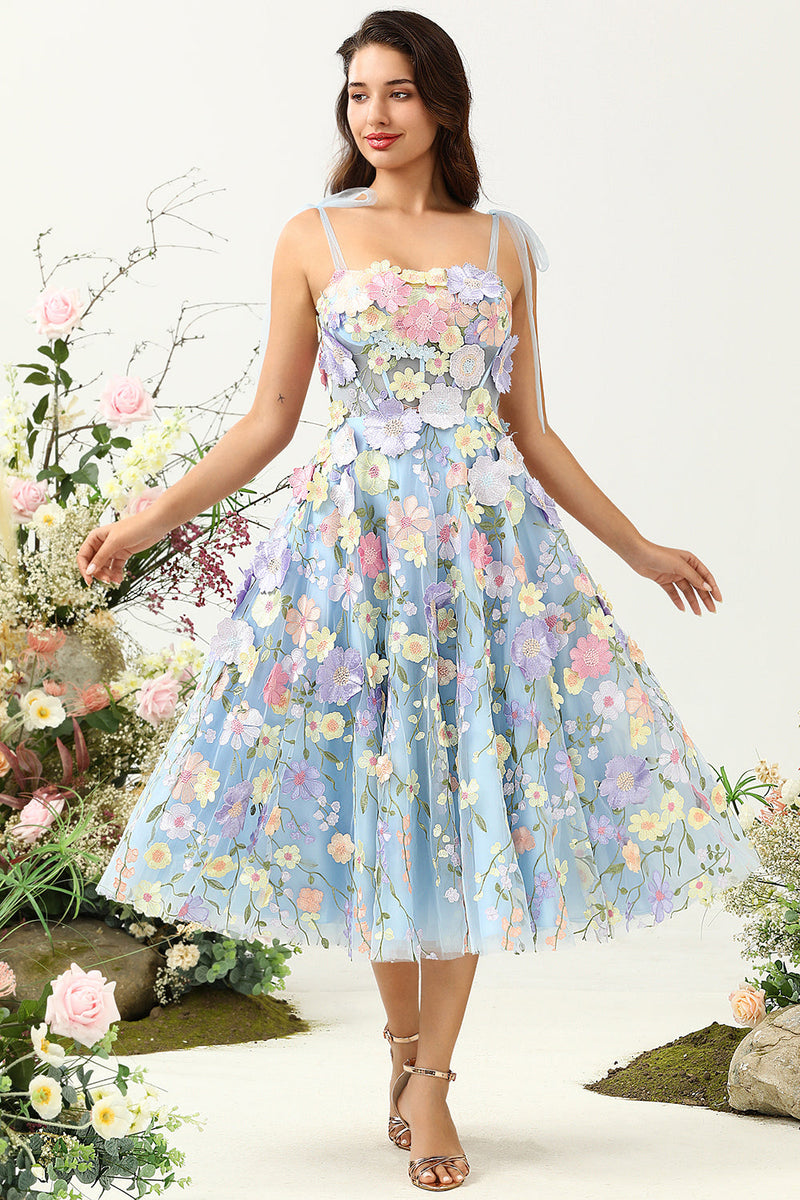 Load image into Gallery viewer, Cute A Line Spaghetti Straps Blue Tea Length Prom Dress with 3D Flowers