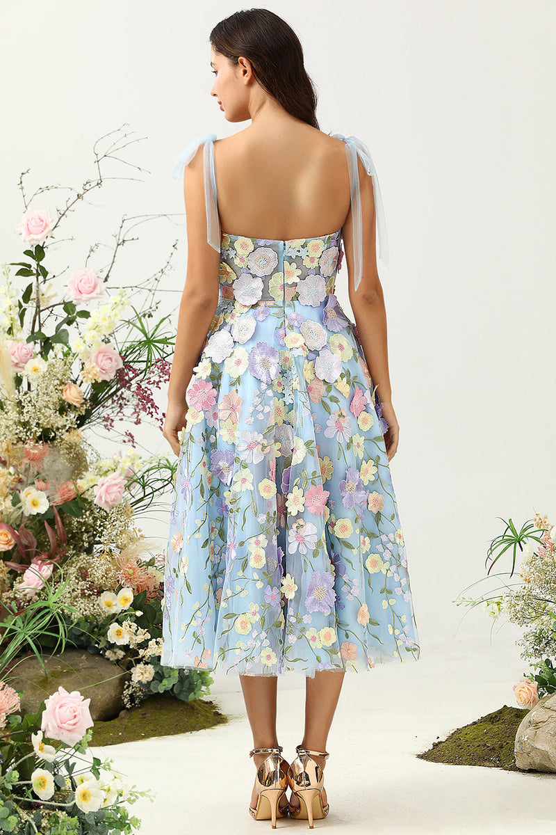 Load image into Gallery viewer, Cute A Line Spaghetti Straps Blue Tea Length Prom Dress with 3D Flowers