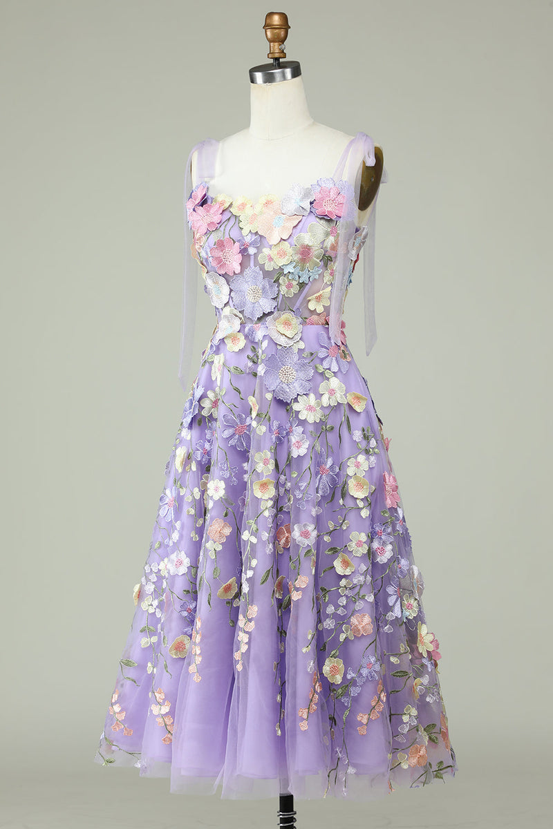 Load image into Gallery viewer, A Line Spaghetti Straps Purple Tea Length Prom Dress with 3D Flowers