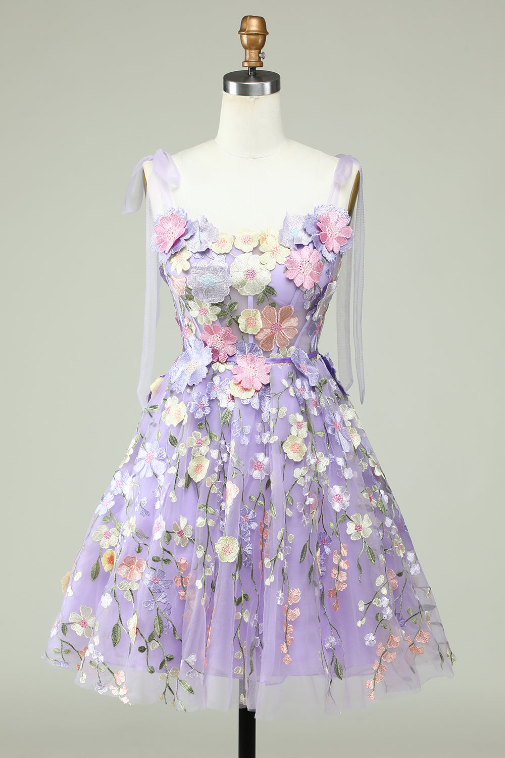 A Line Spaghetti Straps Purple Corset Short Prom Dress with 3D Flowers