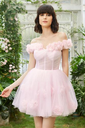 Pink Off the Shoulder Corset Short Prom Dress With Flowers