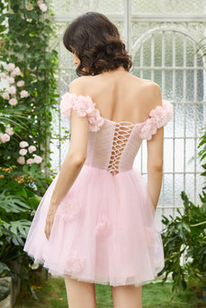 Pink Off the Shoulder Corset Short Prom Dress With Flowers