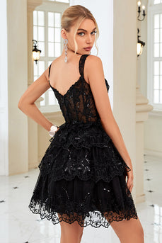 Cute A Line Black Corset Tiered Short Prom Dress with Lace