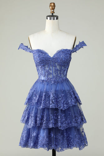 Cute A Line Dark Blue Corset Tiered Short Prom Dress with Lace