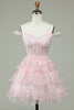 Load image into Gallery viewer, Cute A Line Off the Shoulder Pink Corset Short Prom Dress with Lace