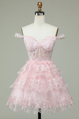 Cute A Line Off the Shoulder Pink Corset Short Prom Dress with Lace