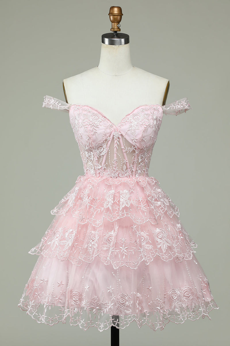 Load image into Gallery viewer, Cute A Line Off the Shoulder Pink Corset Short Prom Dress with Lace