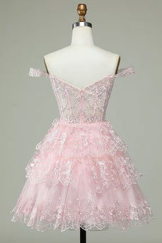 Cute A Line Off the Shoulder Pink Corset Short Prom Dress with Lace