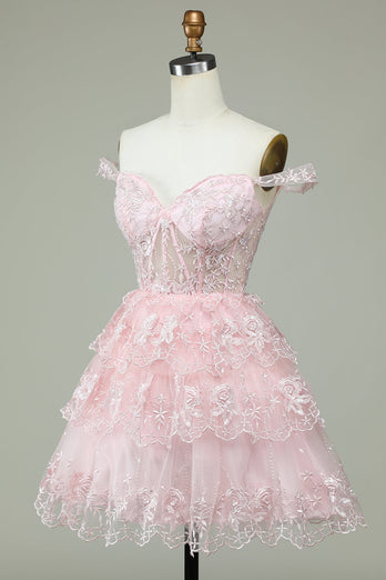 Cute A Line Off the Shoulder Pink Corset Short Prom Dress with Lace