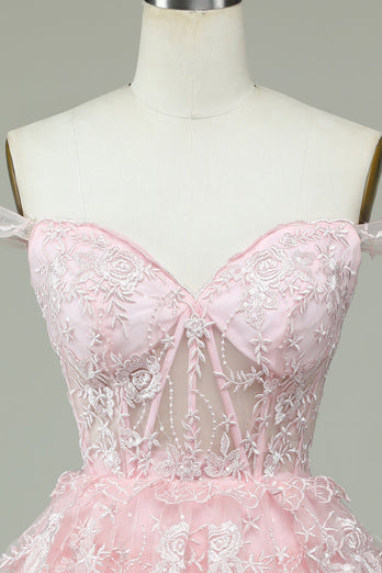 Cute A Line Off the Shoulder Pink Corset Short Prom Dress with Lace