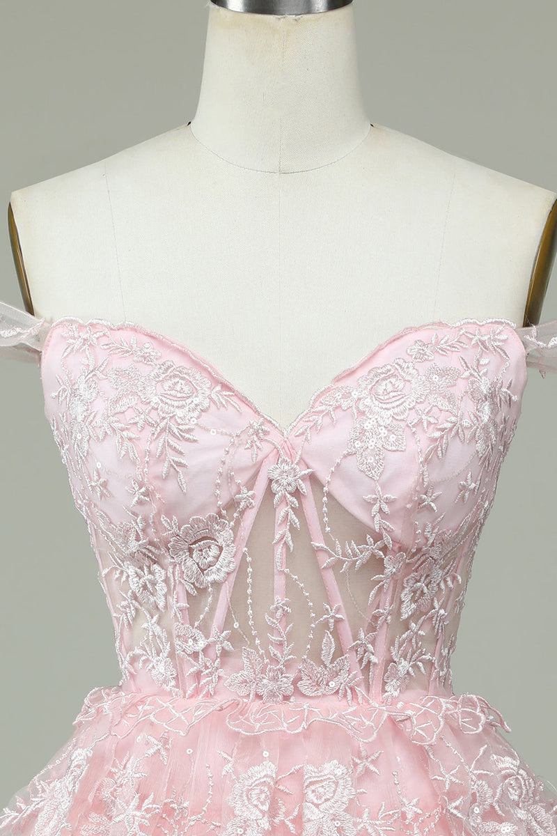 Load image into Gallery viewer, Cute A Line Off the Shoulder Pink Corset Short Prom Dress with Lace