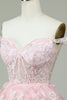 Load image into Gallery viewer, Cute A Line Off the Shoulder Pink Corset Short Prom Dress with Lace