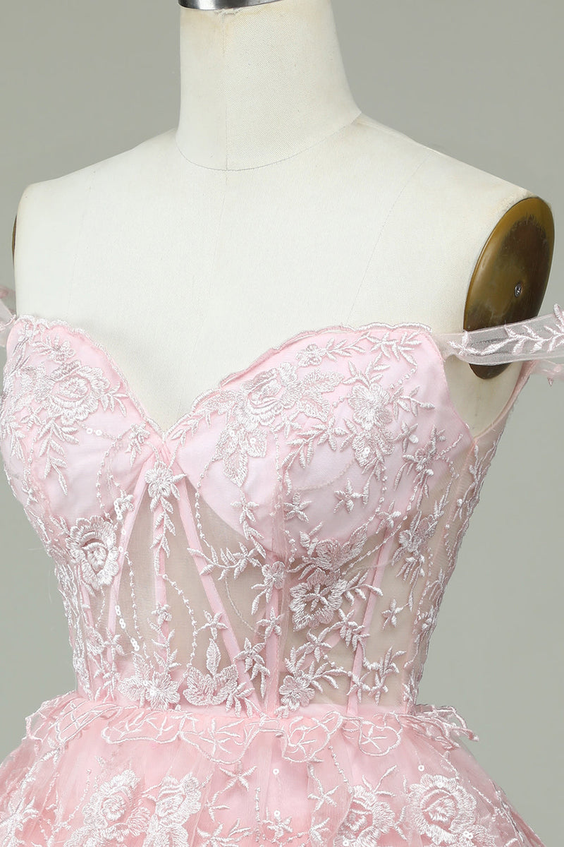 Load image into Gallery viewer, Cute A Line Off the Shoulder Pink Corset Short Prom Dress with Lace