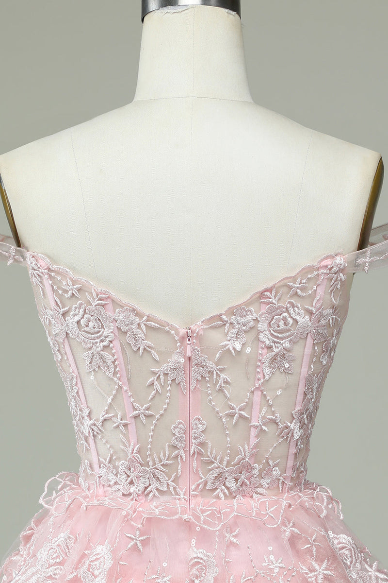 Load image into Gallery viewer, Cute A Line Off the Shoulder Pink Corset Short Prom Dress with Lace