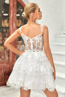 Princess A Line White Corset Tiered Short Prom Dress with Lace