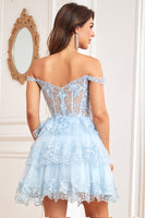 Queendancer Women Blue Corset Homecoming Dress A Line Off the Shoulder  Cocktail Dress with Lace – queendanceruk