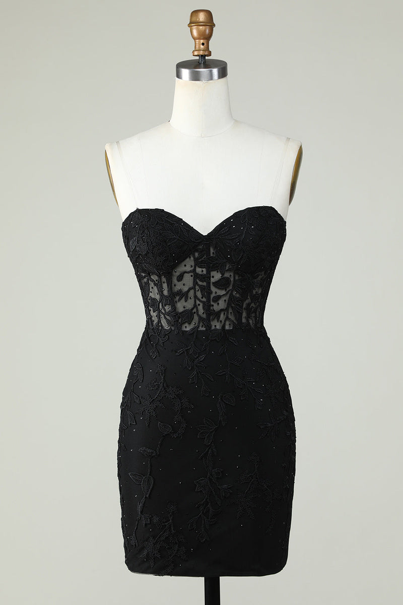 Load image into Gallery viewer, Bodycon Sweetheart Black Corset Short Prom Dress with Appliques