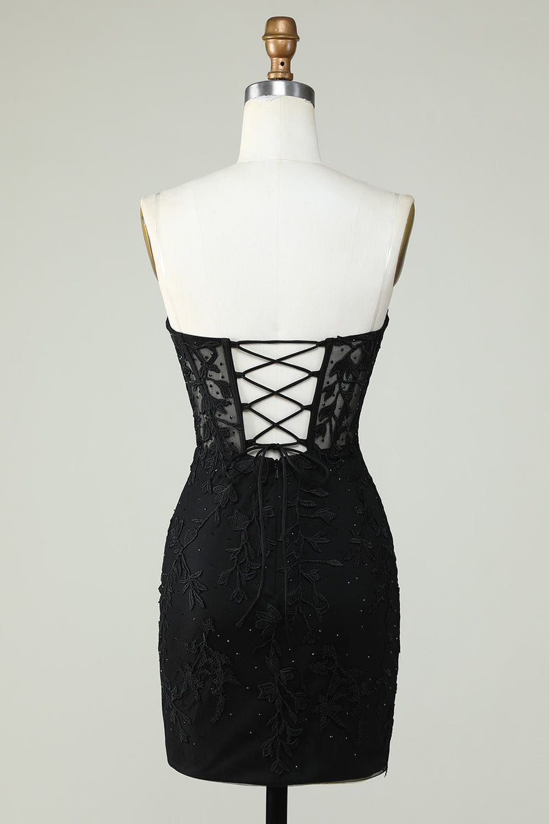 Load image into Gallery viewer, Bodycon Sweetheart Black Corset Short Prom Dress with Appliques