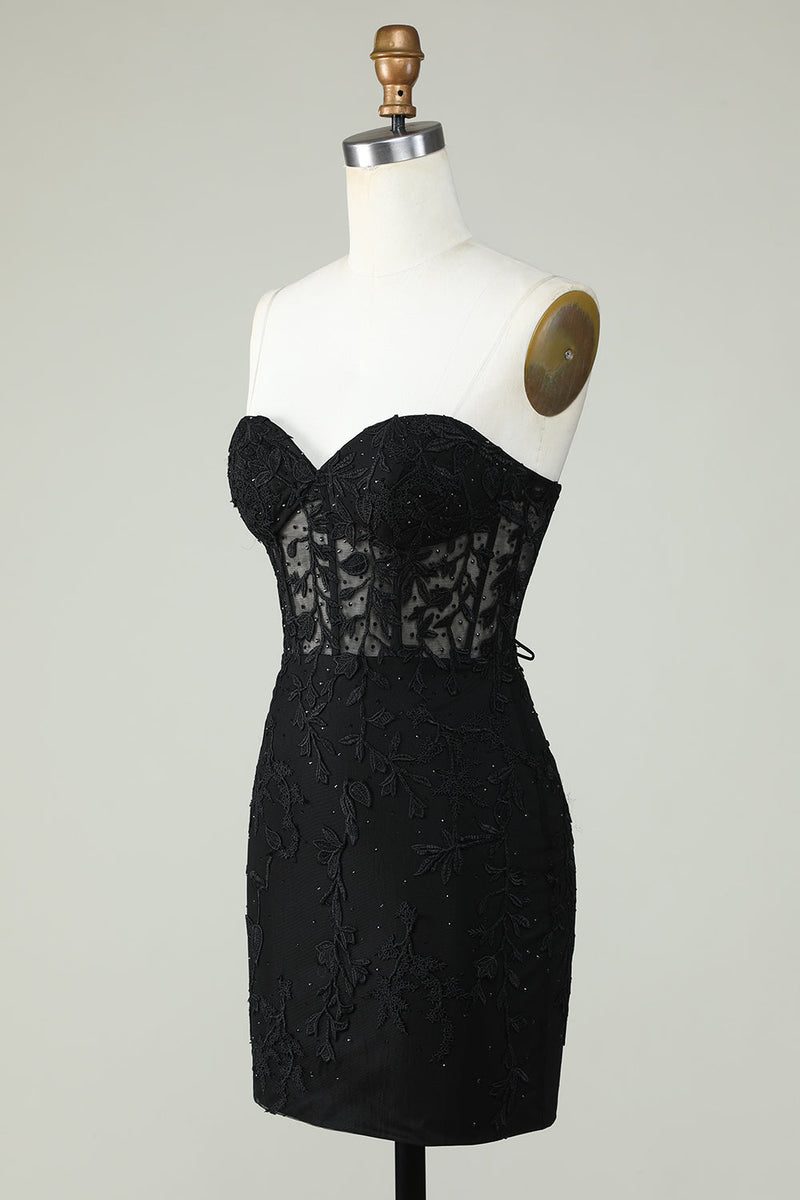 Load image into Gallery viewer, Bodycon Sweetheart Black Corset Short Prom Dress with Appliques