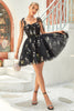 Load image into Gallery viewer, A Line Spaghetti Straps Black Short Prom Dress with Appliques