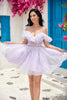 Load image into Gallery viewer, Off the Shoulder Ruffles Tulle Short Prom Dress with Embroidery