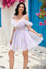 Load image into Gallery viewer, Cute A Line Lavender Off the Shoulder Corset Short Prom Dress with Ruffles