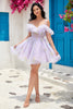 Load image into Gallery viewer, Cute A Line Lavender Off the Shoulder Corset Short Prom Dress with Ruffles