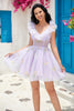 Load image into Gallery viewer, Cute A Line Lavender Off the Shoulder Corset Short Prom Dress with Ruffles