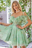 Load image into Gallery viewer, Off the Shoulder Ruffles Tulle Short Prom Dress with Embroidery