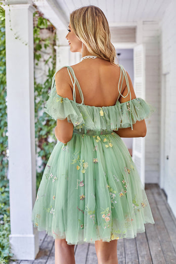 Off the Shoulder Ruffles Tulle Short Prom Dress with Embroidery