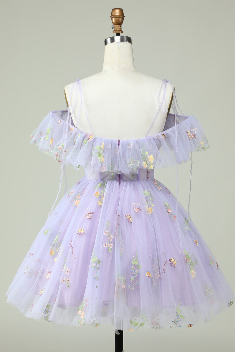 Load image into Gallery viewer, Lavender Off the Shoulder Corset Short Prom Dress with Ruffles