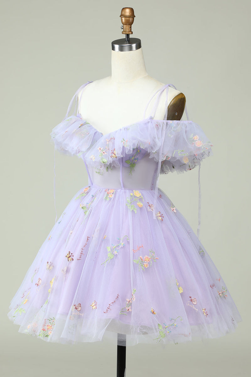 Load image into Gallery viewer, Lavender Off the Shoulder Corset Short Prom Dress with Ruffles