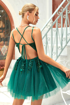 A Line Spaghetti Straps Dark Green Short Prom Dress with Appliques Beading