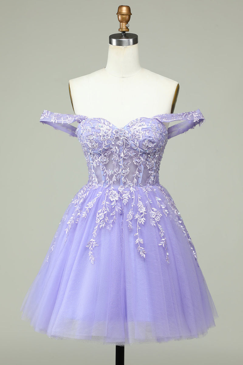 Load image into Gallery viewer, A Line Off the Shoulder Lilac Corset Short Prom Dress with Appliques