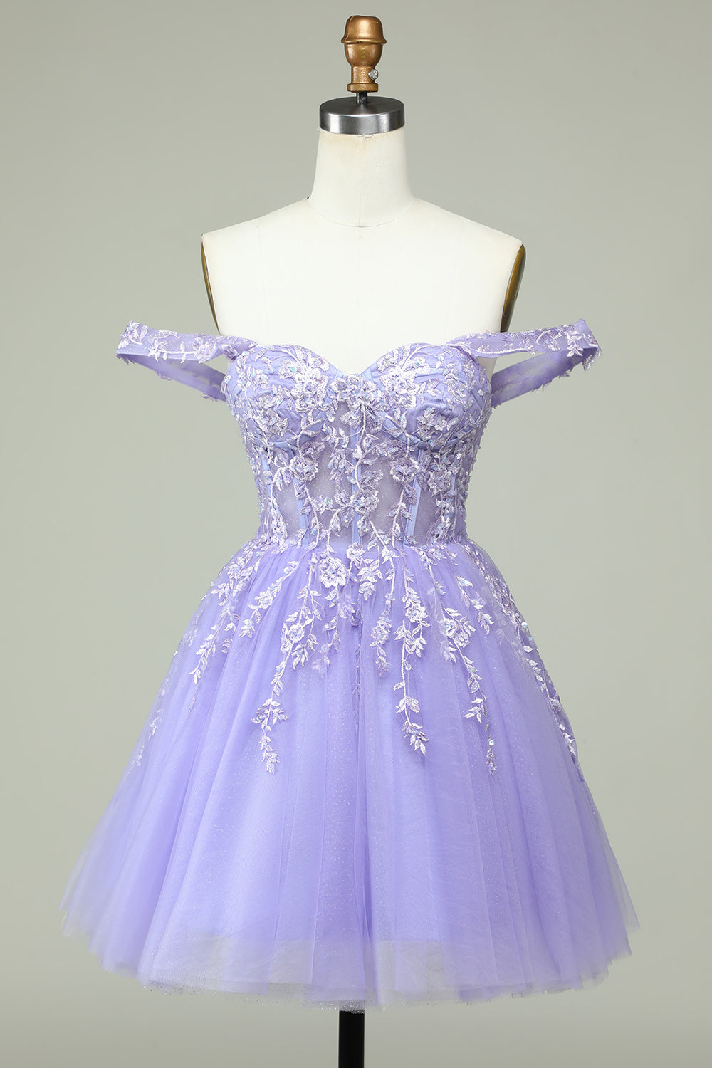 A Line Off the Shoulder Lilac Corset Short Prom Dress with Appliques