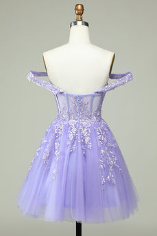 A Line Off the Shoulder Lilac Corset Short Prom Dress with Appliques