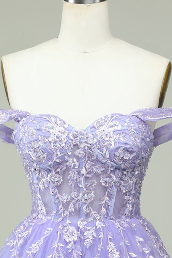 A Line Off the Shoulder Lilac Corset Short Prom Dress with Appliques