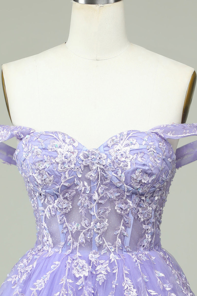 Load image into Gallery viewer, A Line Off the Shoulder Lilac Corset Short Prom Dress with Appliques