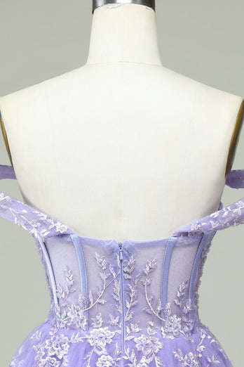 A Line Off the Shoulder Lilac Corset Short Prom Dress with Appliques