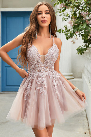 A Line Spaghetti Straps Blush Short Prom Dress with Criss Cross Back